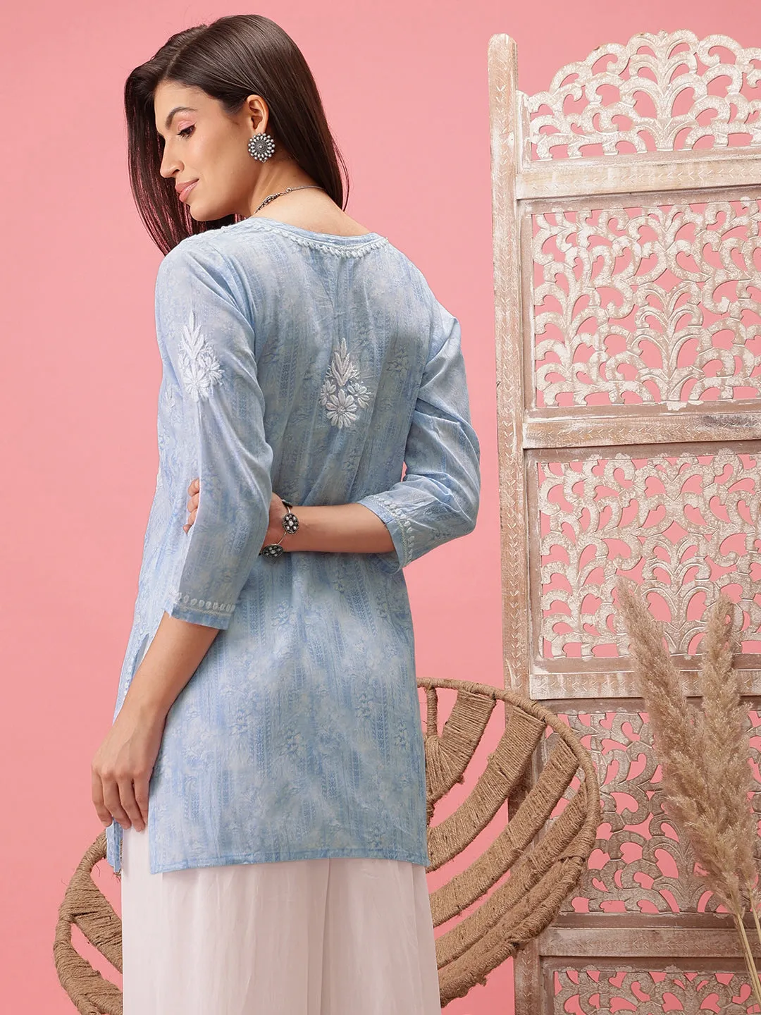 Blue & White Cotton Embroidered Chikankari Tunic