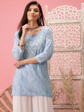 Blue & White Cotton Embroidered Chikankari Tunic