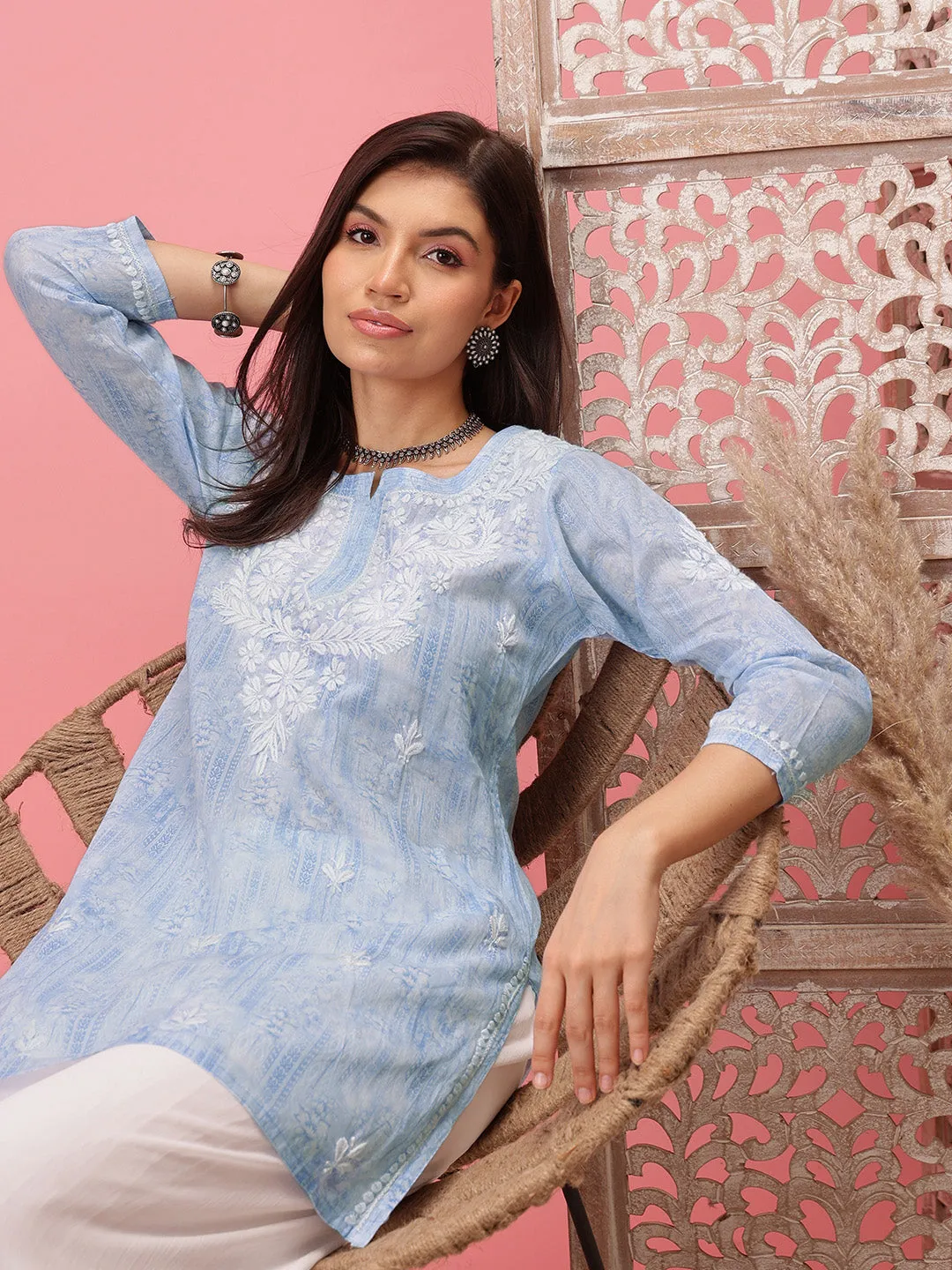 Blue & White Cotton Embroidered Chikankari Tunic