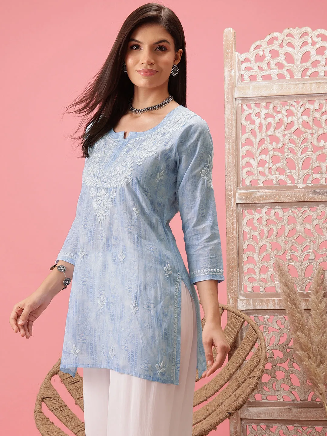 Blue & White Cotton Embroidered Chikankari Tunic