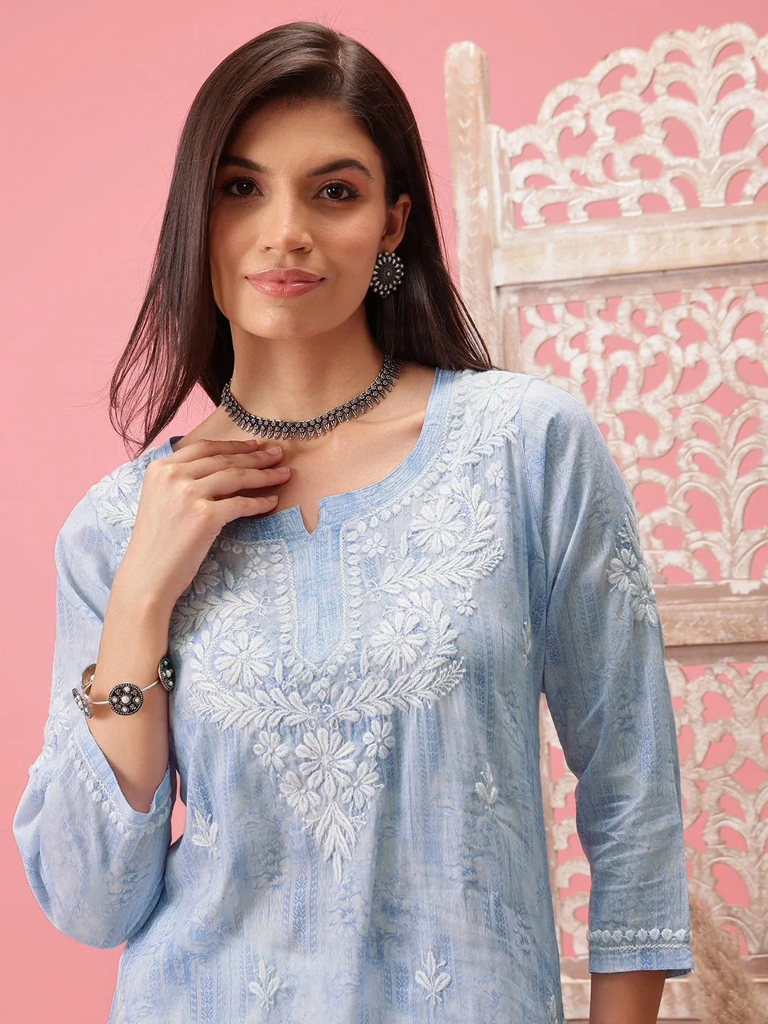 Blue & White Cotton Embroidered Chikankari Tunic