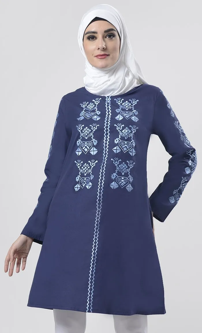 Blue Astonishing Geometric Embroidered Tunic