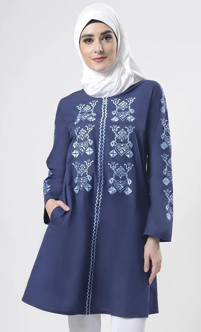 Blue Astonishing Geometric Embroidered Tunic