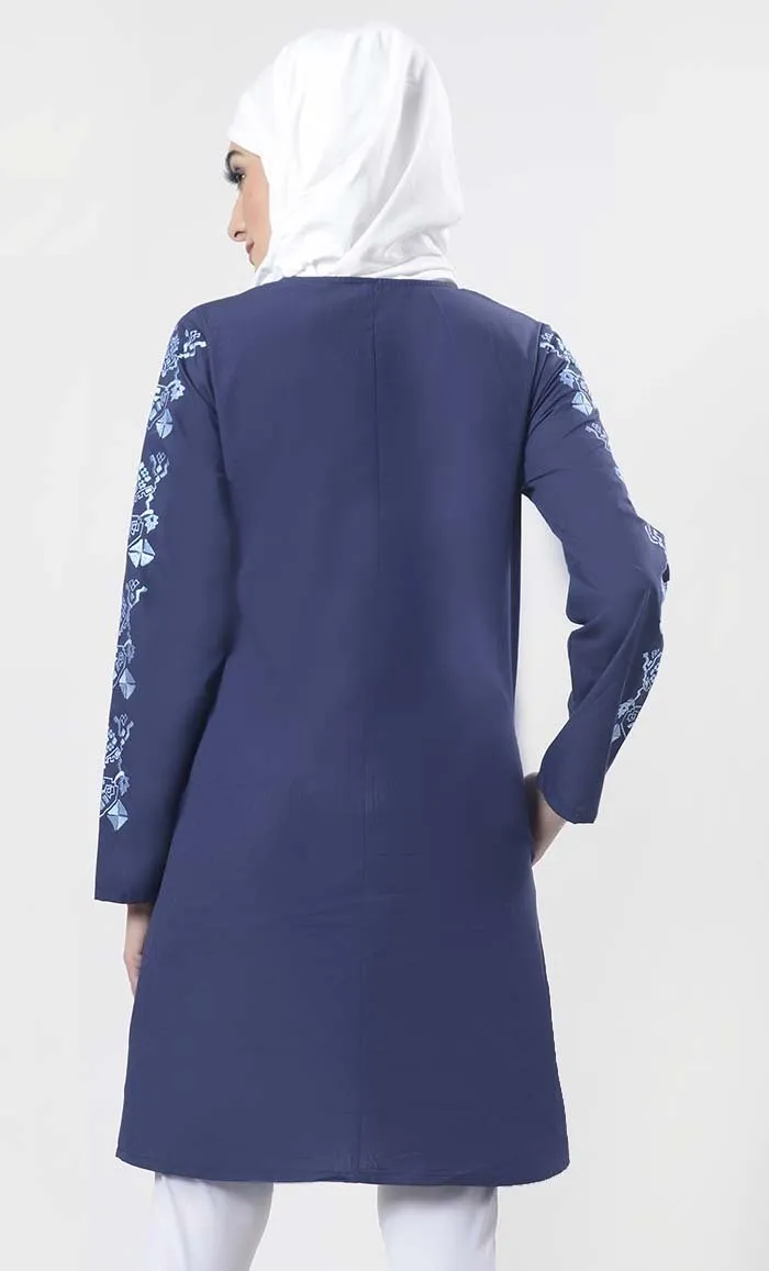 Blue Astonishing Geometric Embroidered Tunic