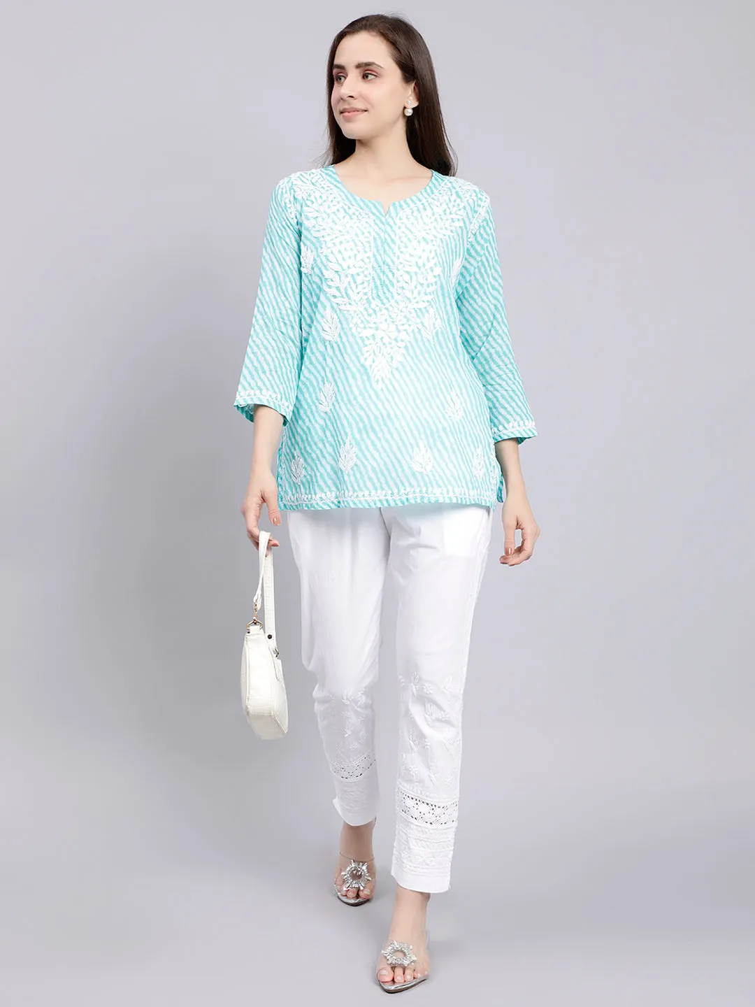 Blue Cotton Chikankari Embroidered Tunic Top