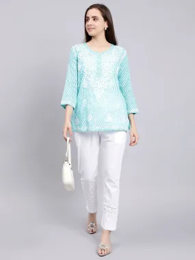 Blue Cotton Chikankari Embroidered Tunic Top