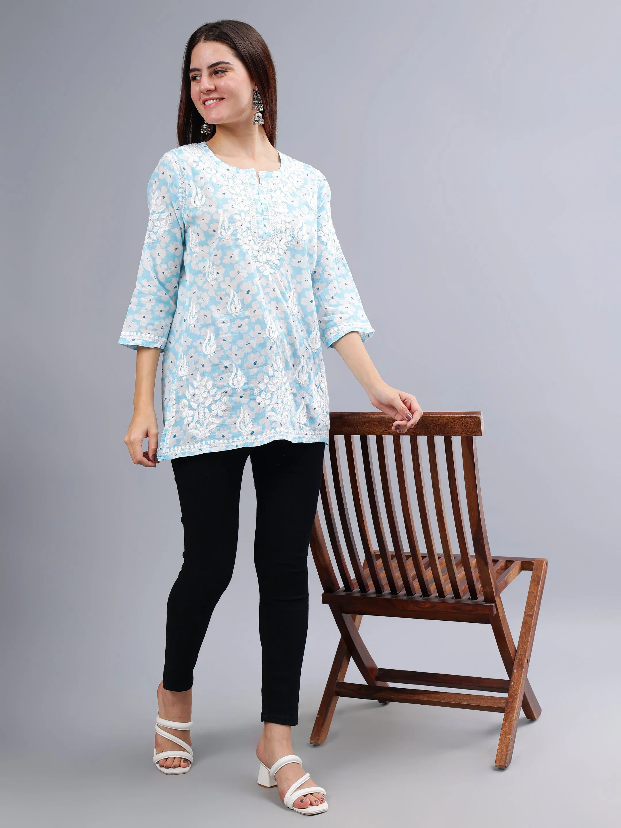 Blue Mulmul Embroidered Chikankari Short Tunic