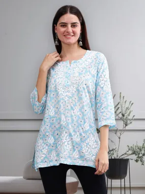 Blue Mulmul Embroidered Chikankari Short Tunic