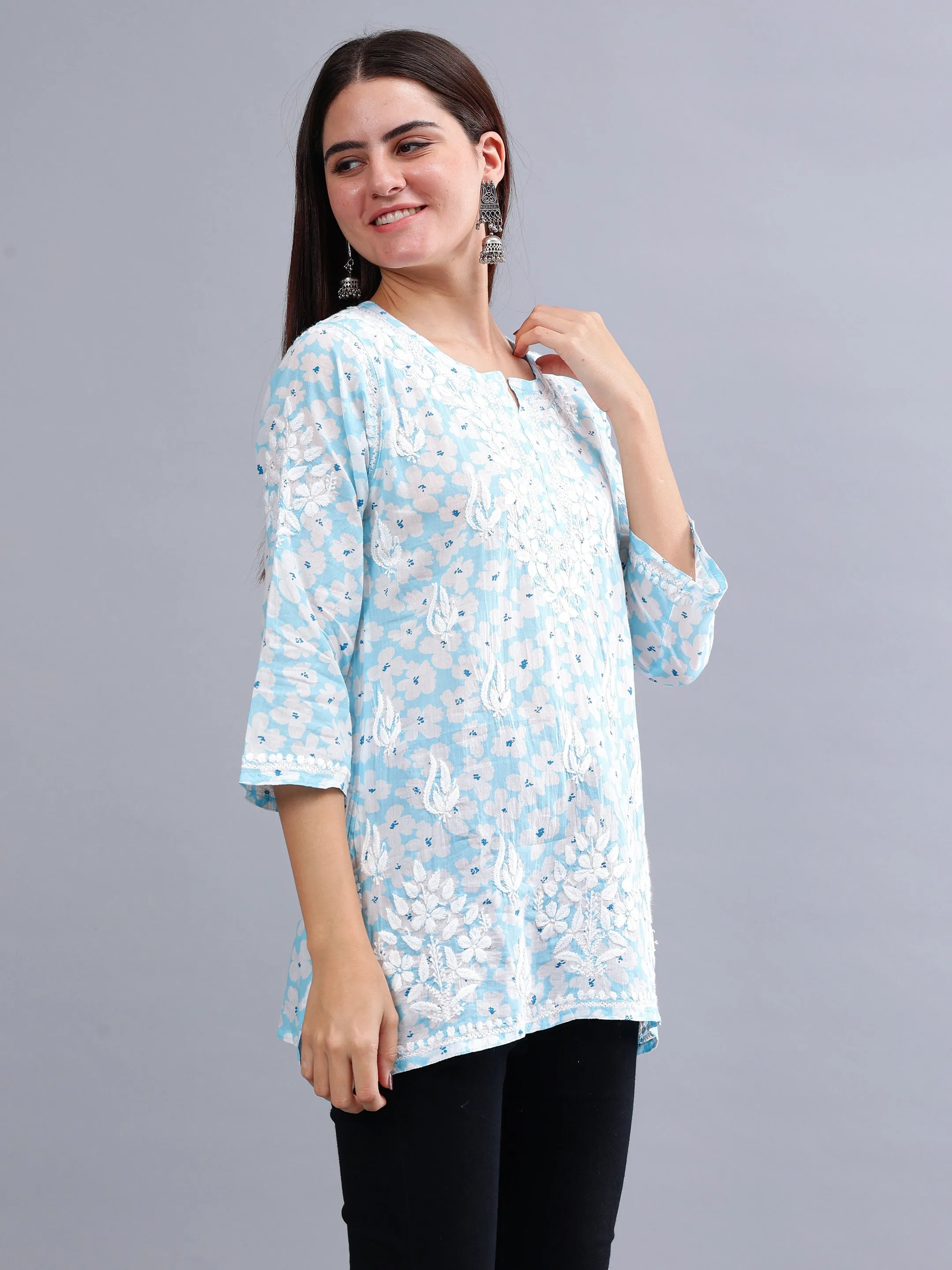 Blue Mulmul Embroidered Chikankari Short Tunic