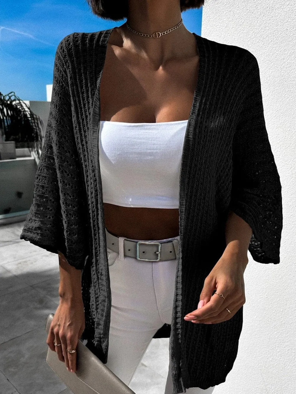 Bohemian Style Black Knit Kimono Cardigan with Hollow-out Design