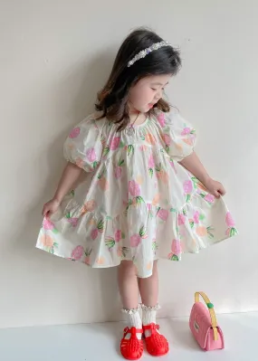 Boutique Beige Print Wrinkled Patchwork Cotton Kids Girls Dresses Summer LY5524