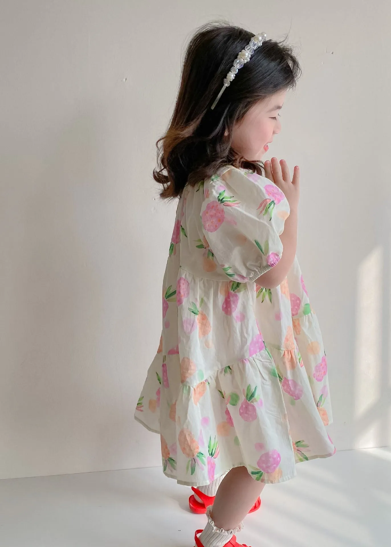 Boutique Beige Print Wrinkled Patchwork Cotton Kids Girls Dresses Summer LY5524