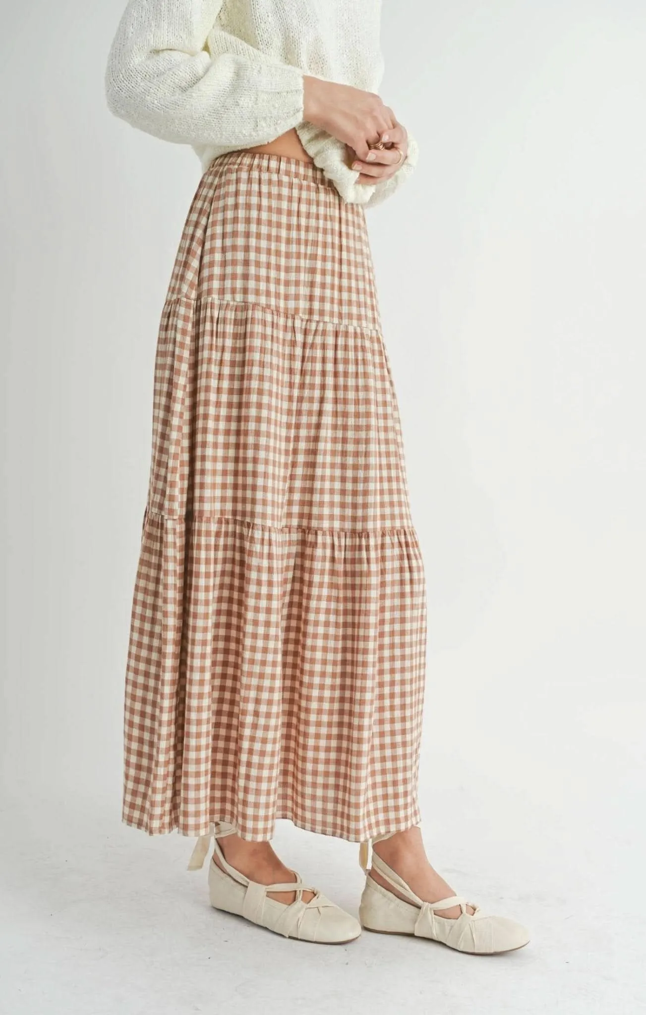 Brown & Ivory Checkered Tiered Maxi Skirt