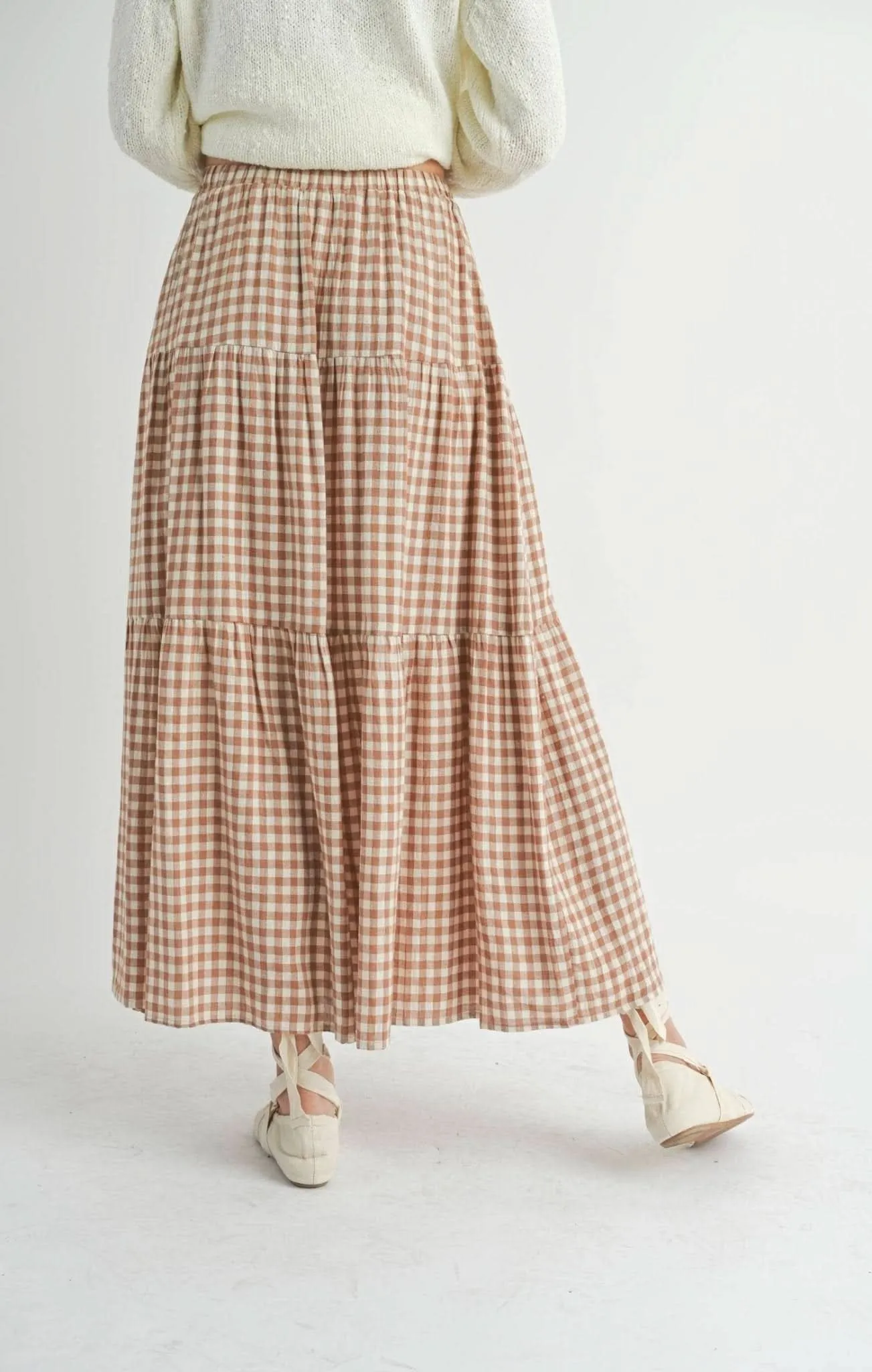 Brown & Ivory Checkered Tiered Maxi Skirt