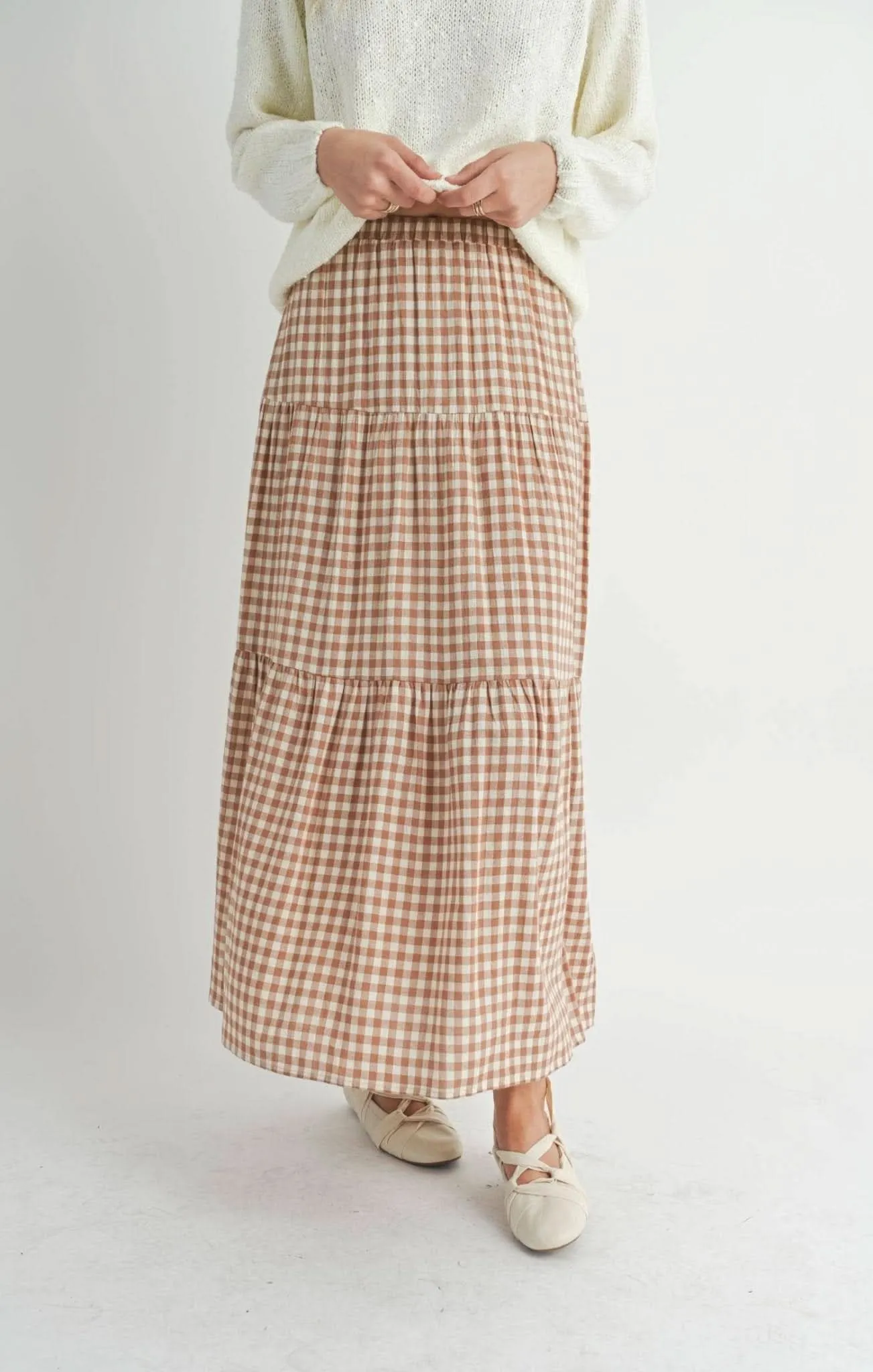 Brown & Ivory Checkered Tiered Maxi Skirt