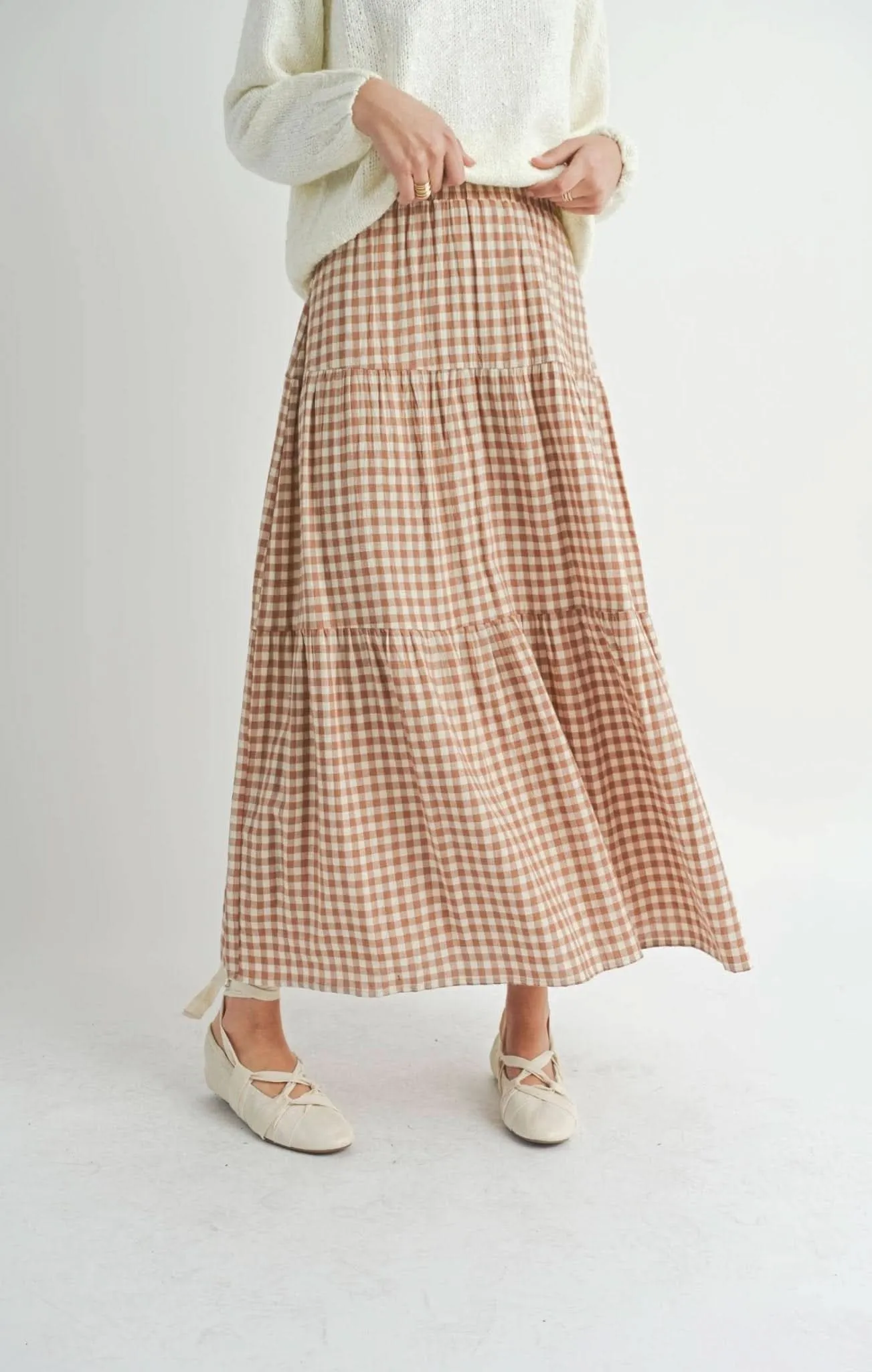 Brown & Ivory Checkered Tiered Maxi Skirt