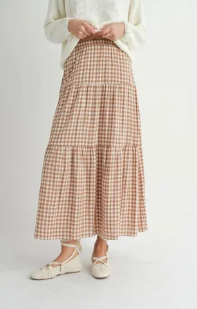 Brown & Ivory Checkered Tiered Maxi Skirt