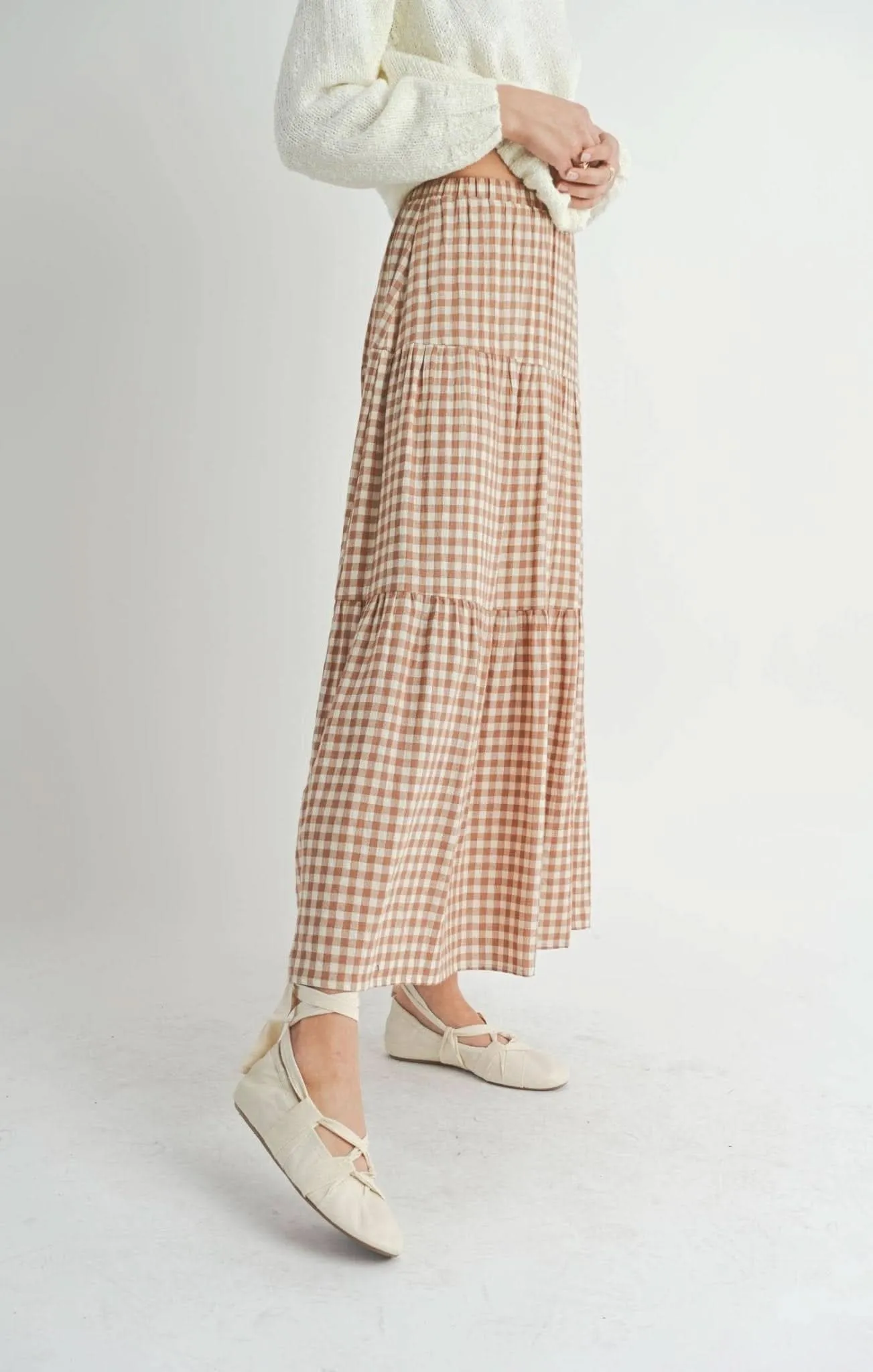 Brown & Ivory Checkered Tiered Maxi Skirt