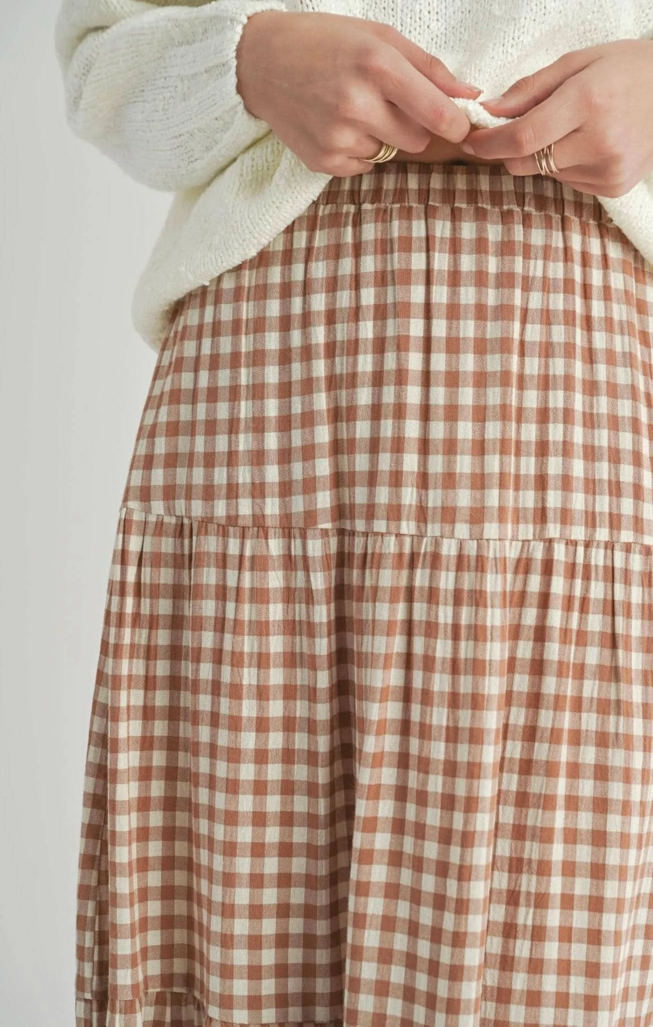 Brown & Ivory Checkered Tiered Maxi Skirt