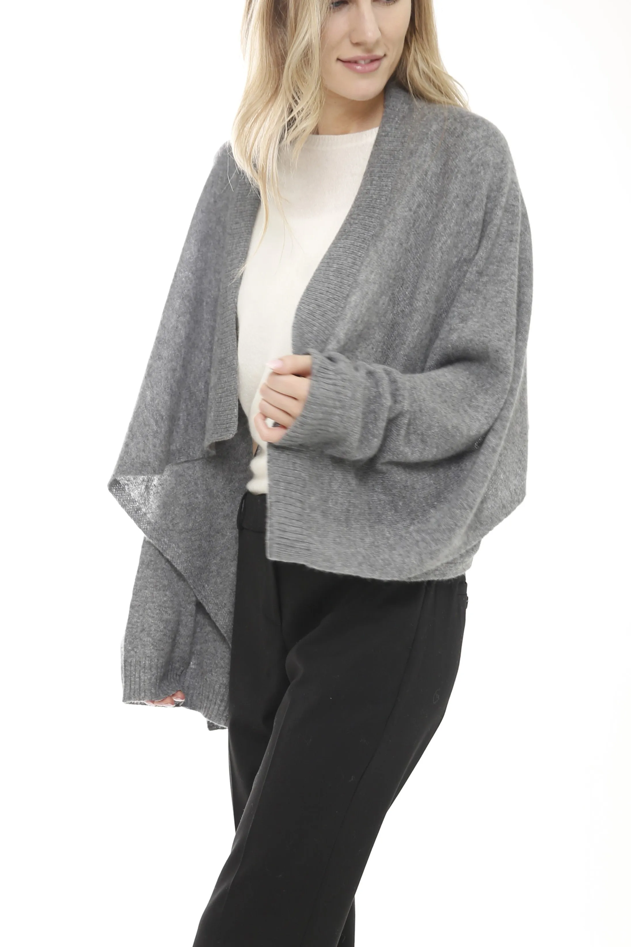 Cashmere Long Sleeve Open Cardigan with Contrast Trim