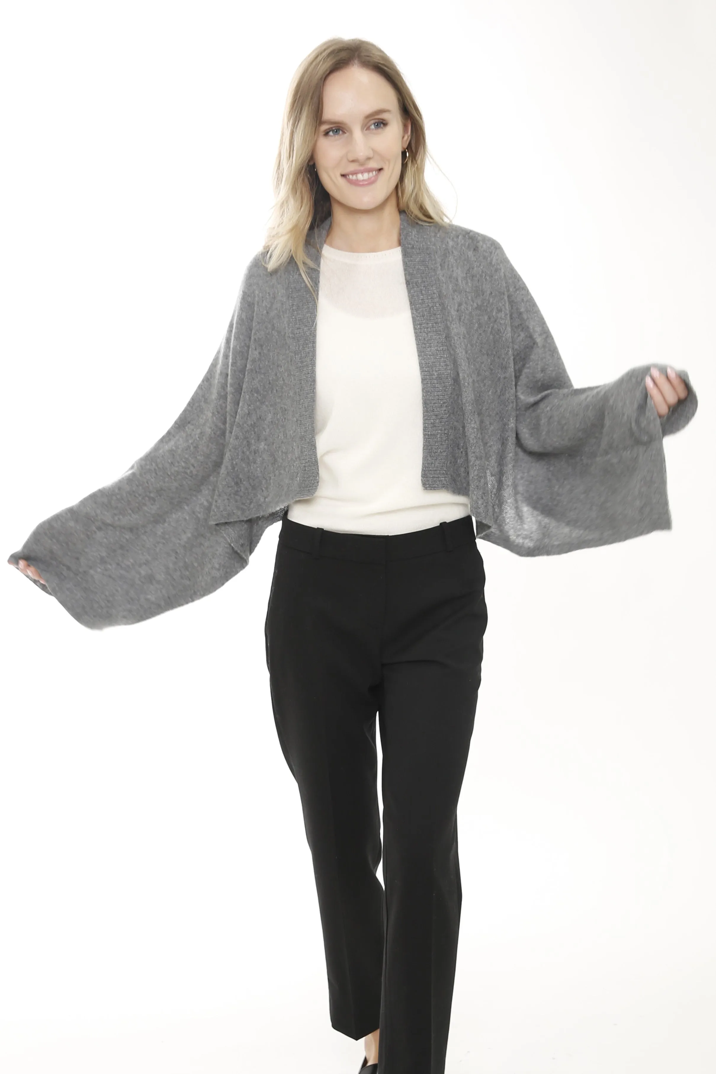 Cashmere Long Sleeve Open Cardigan with Contrast Trim