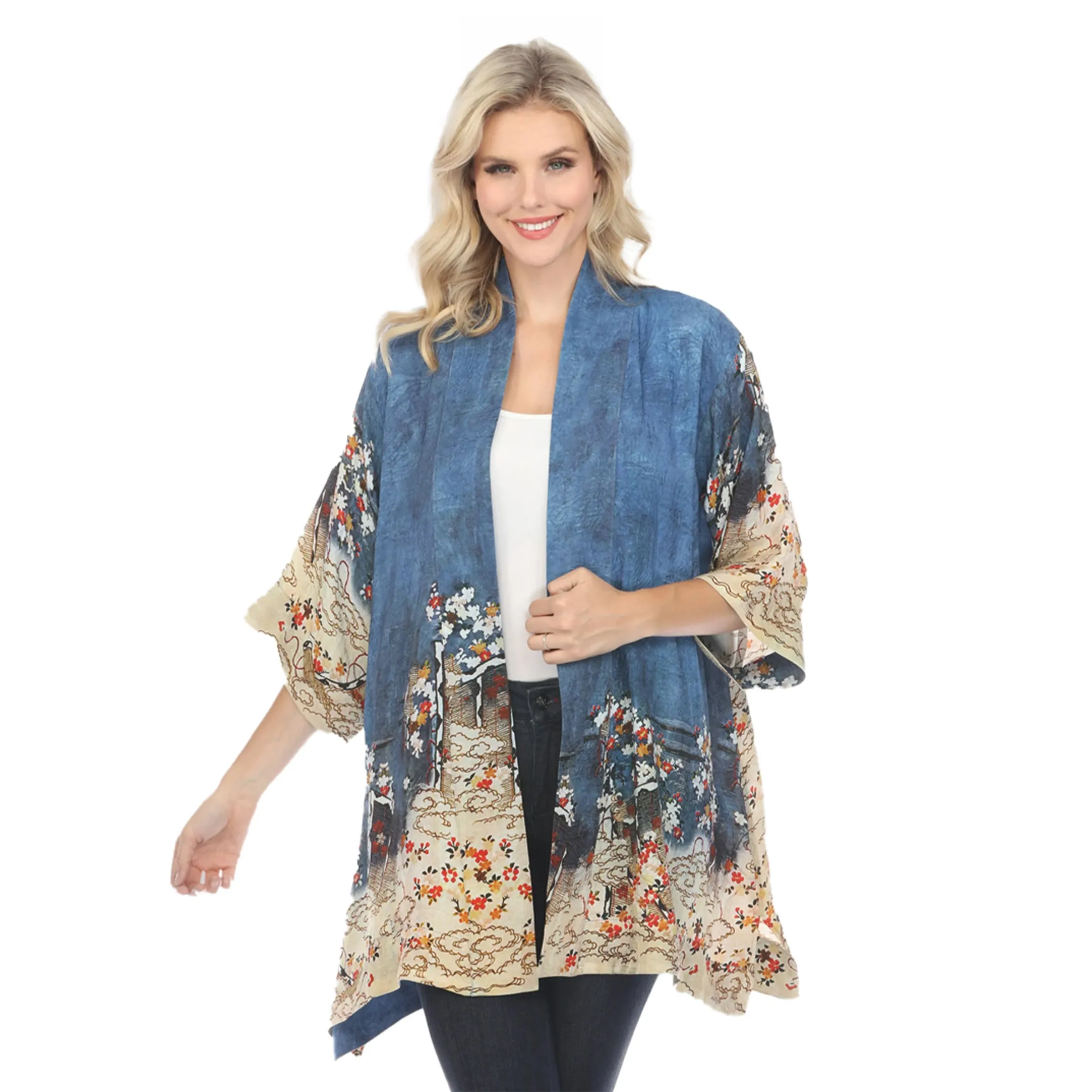 Citron Floral Art-Print Kimono in Indigo - 0917EAI