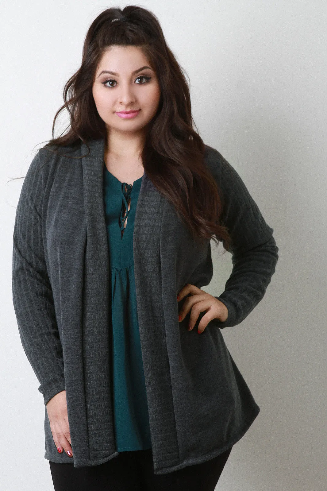 Collarless Open Front Cardigan