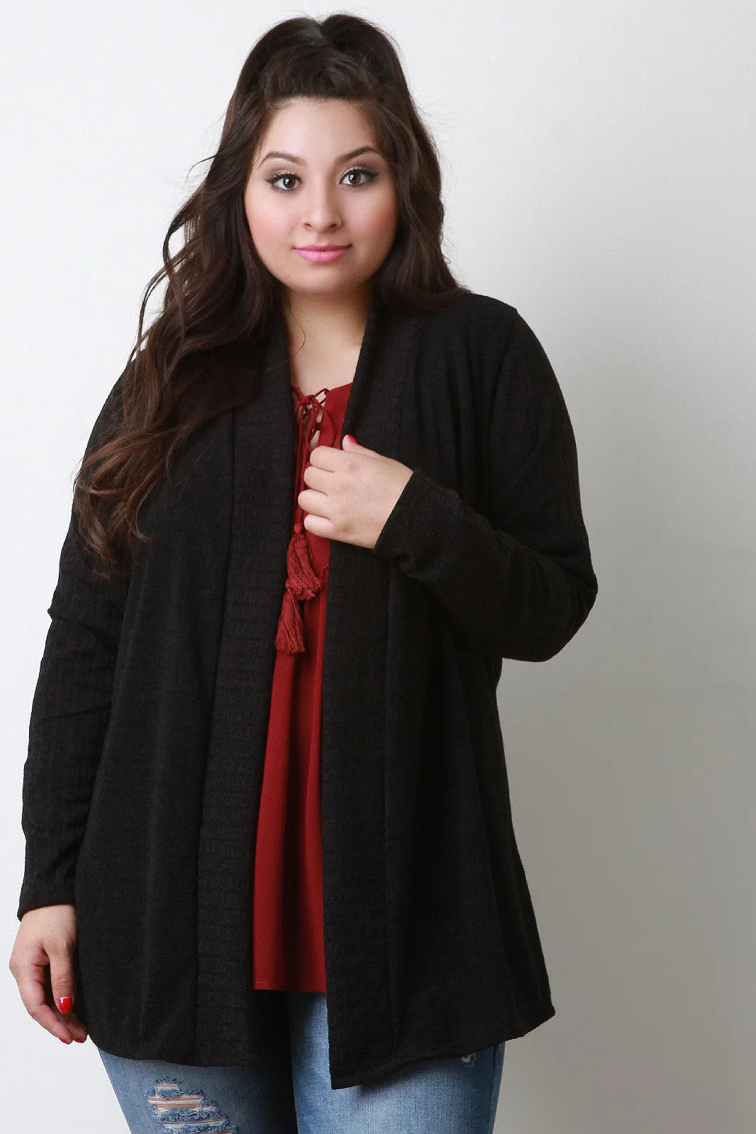 Collarless Open Front Cardigan