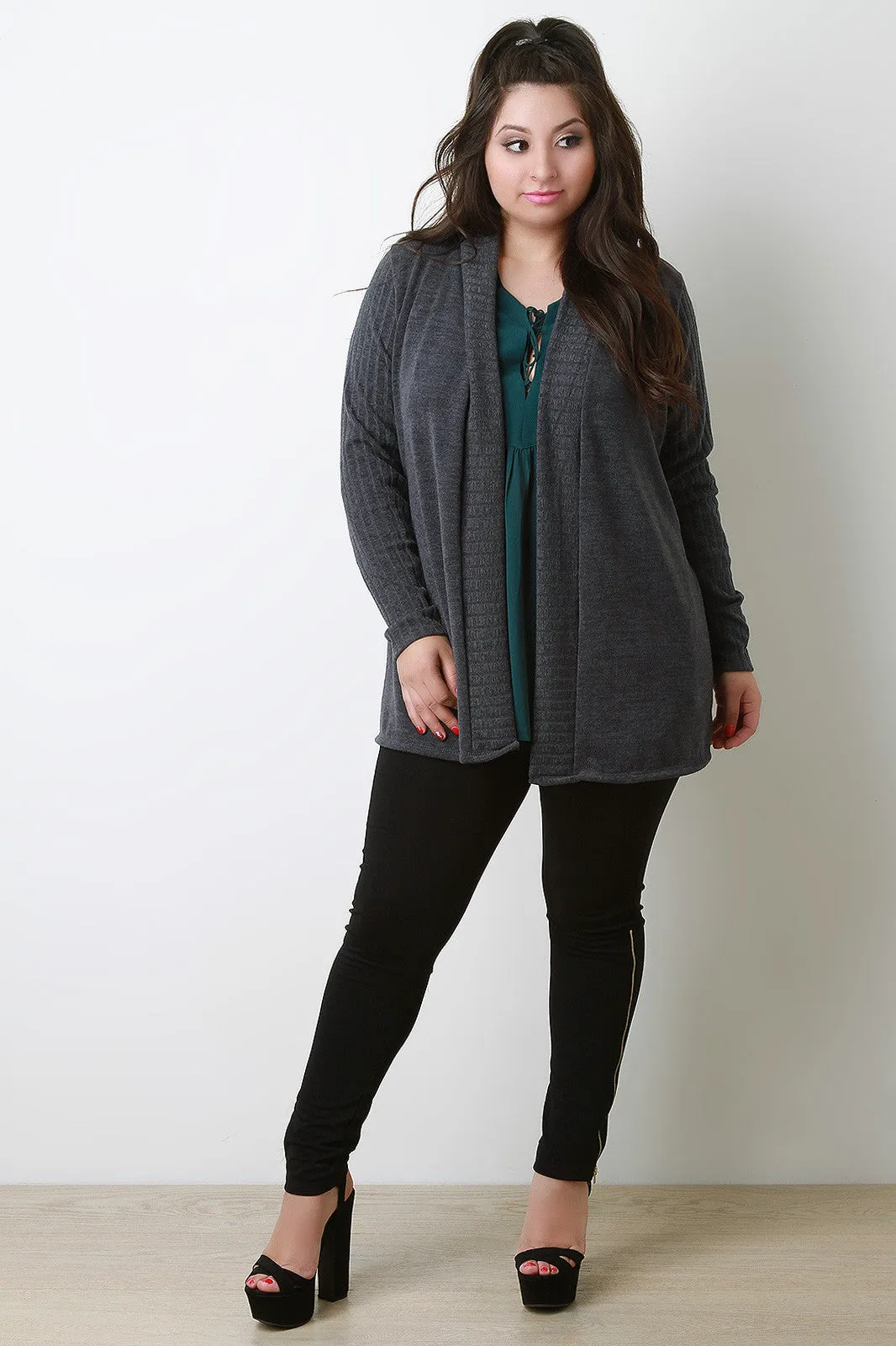 Collarless Open Front Cardigan