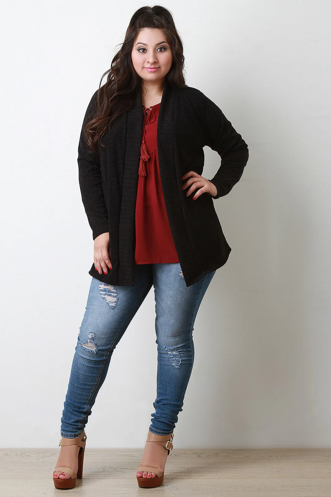 Collarless Open Front Cardigan