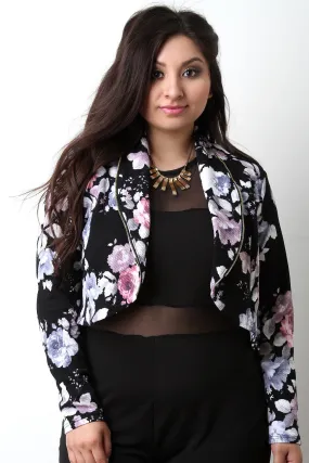 Crepe Knit Floral Open Front Crop Blazer