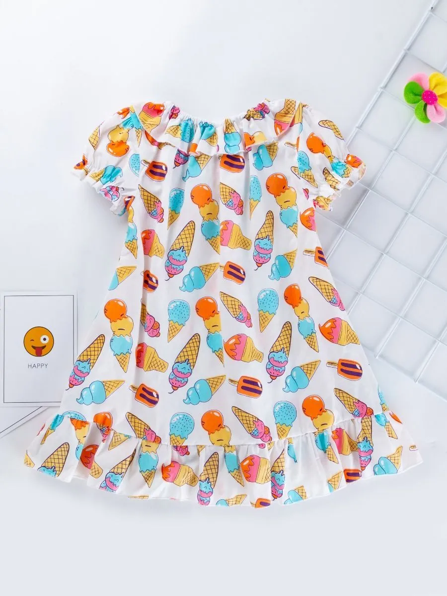 Cute Baby Little Girl Clothes Ice-cream Print Ruffle Dress with Headband