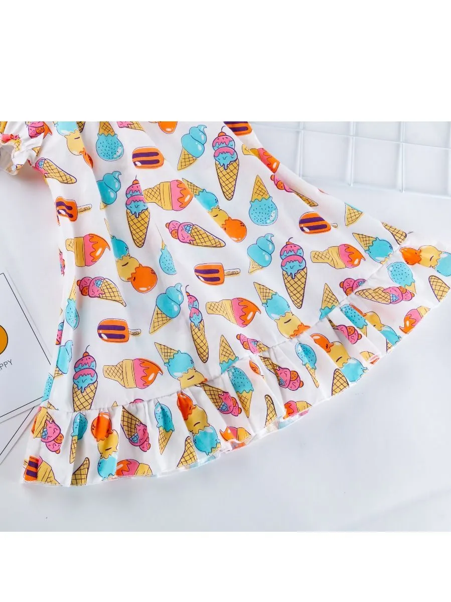 Cute Baby Little Girl Clothes Ice-cream Print Ruffle Dress with Headband