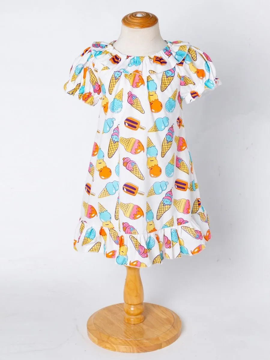 Cute Baby Little Girl Clothes Ice-cream Print Ruffle Dress with Headband