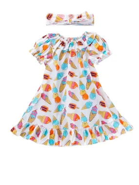 Cute Baby Little Girl Clothes Ice-cream Print Ruffle Dress with Headband