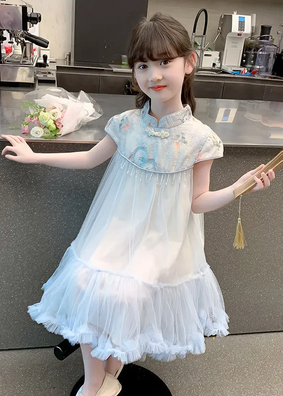 Cute Blue Print Patchwork Tassel Tulle Kids Long Dresses Summer MN027