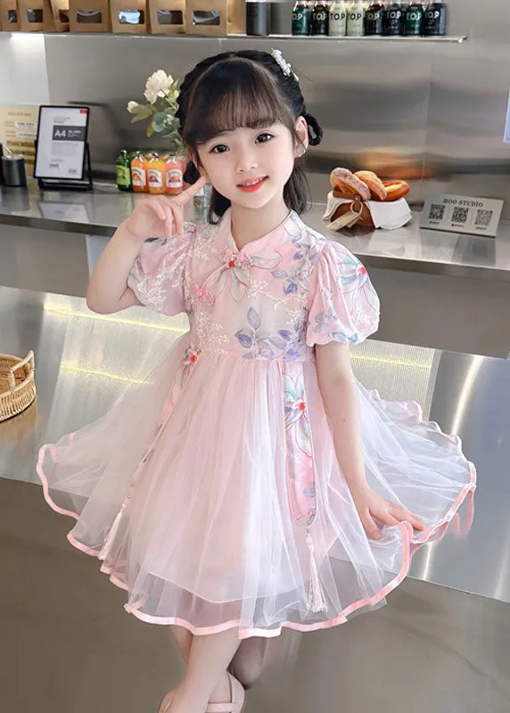 Cute Pink Print Wrinkled Patchwork Tulle Kids Girls Dresses Summer LY6537