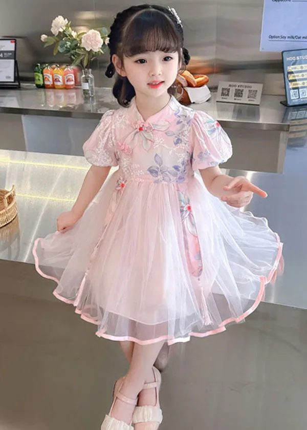 Cute Pink Print Wrinkled Patchwork Tulle Kids Girls Dresses Summer LY6537