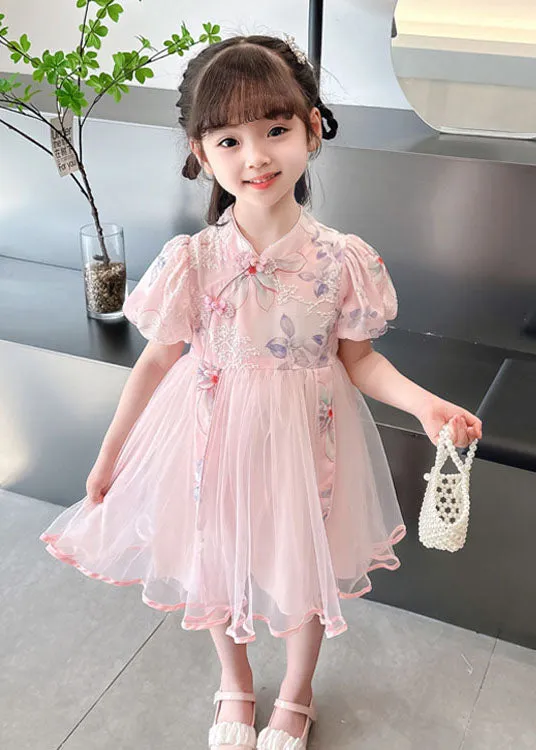 Cute Pink Print Wrinkled Patchwork Tulle Kids Girls Dresses Summer LY6537