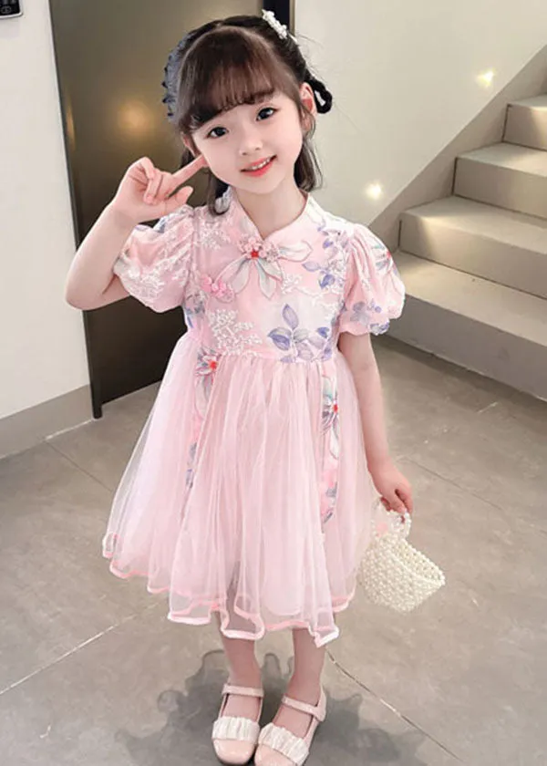 Cute Pink Print Wrinkled Patchwork Tulle Kids Girls Dresses Summer LY6537