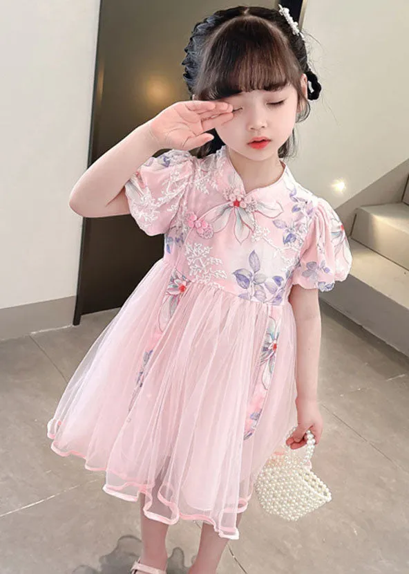 Cute Pink Print Wrinkled Patchwork Tulle Kids Girls Dresses Summer LY6537