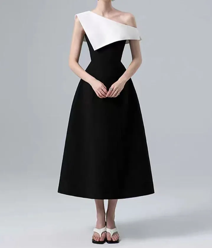 Diagonal Collar Sleeve Patchwork Contrast Color Waist Elegant Dress