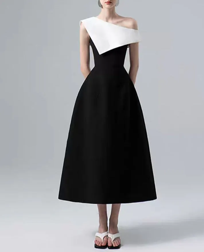 Diagonal Collar Sleeve Patchwork Contrast Color Waist Elegant Dress