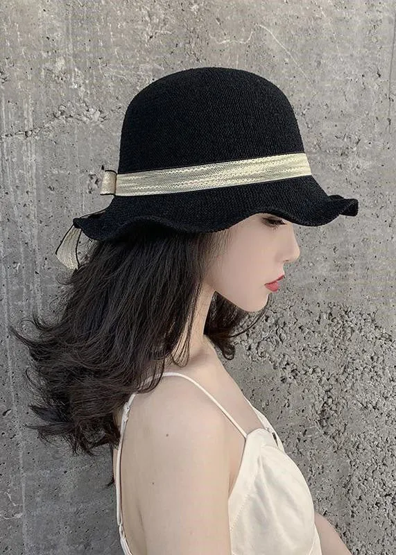 DIY Black Bow Patchwork Straw Woven Bucket Hat