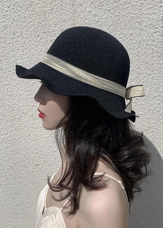 DIY Black Bow Patchwork Straw Woven Bucket Hat