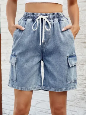 Drawstring Denim Shorts with Pockets