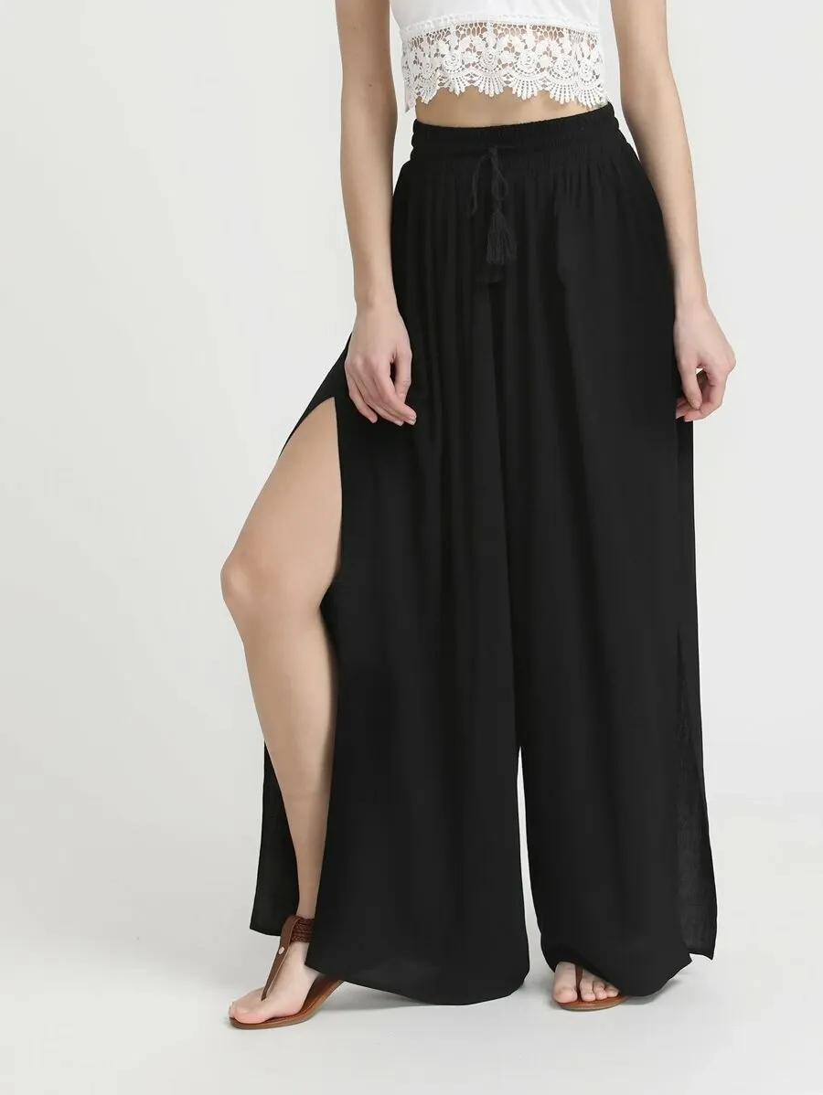 Drawstring Waistband Side Slit Palazzo Pants