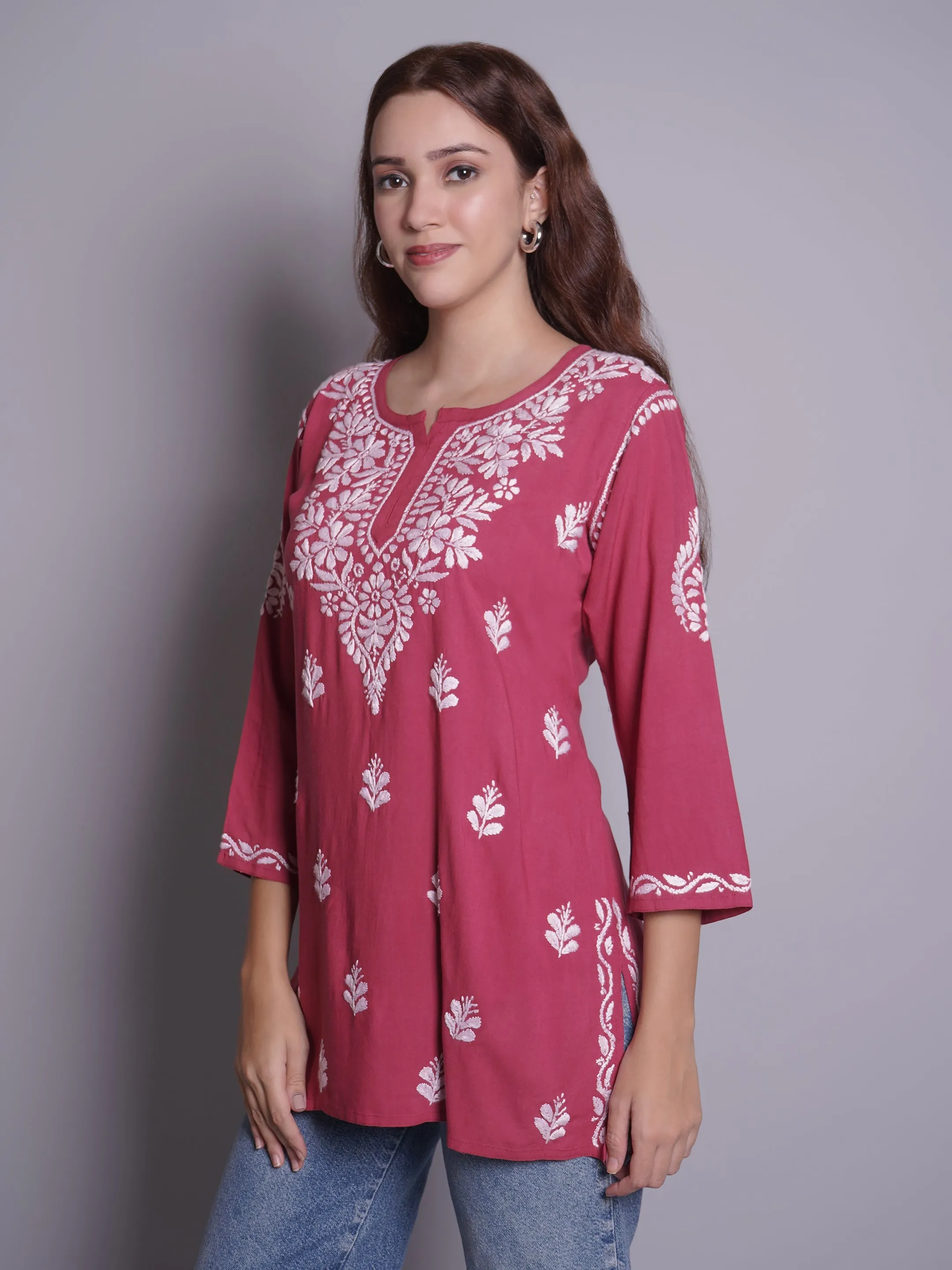 Dusty Red Rayon Embroidered Chikankari Short Tunic