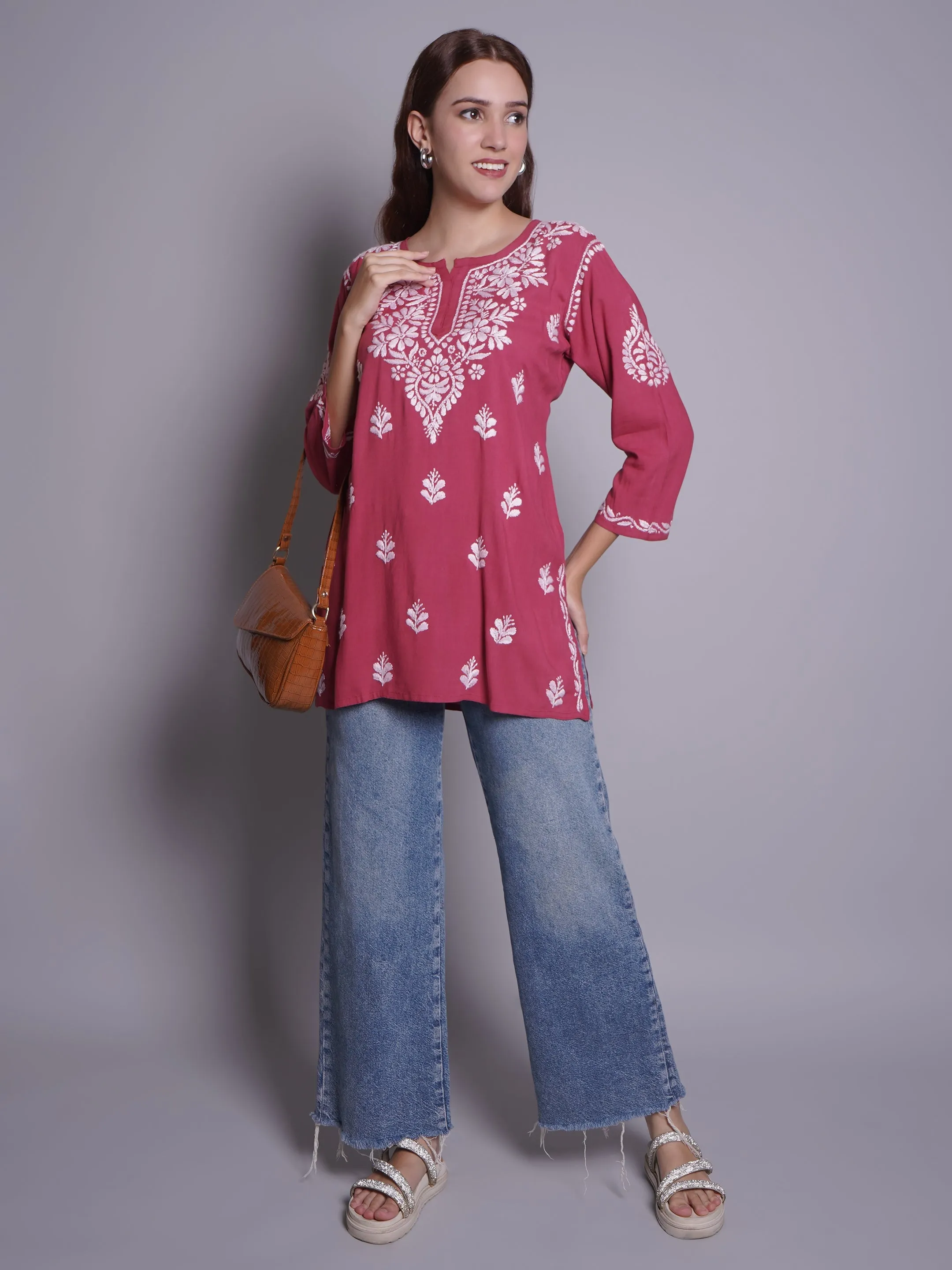 Dusty Red Rayon Embroidered Chikankari Short Tunic