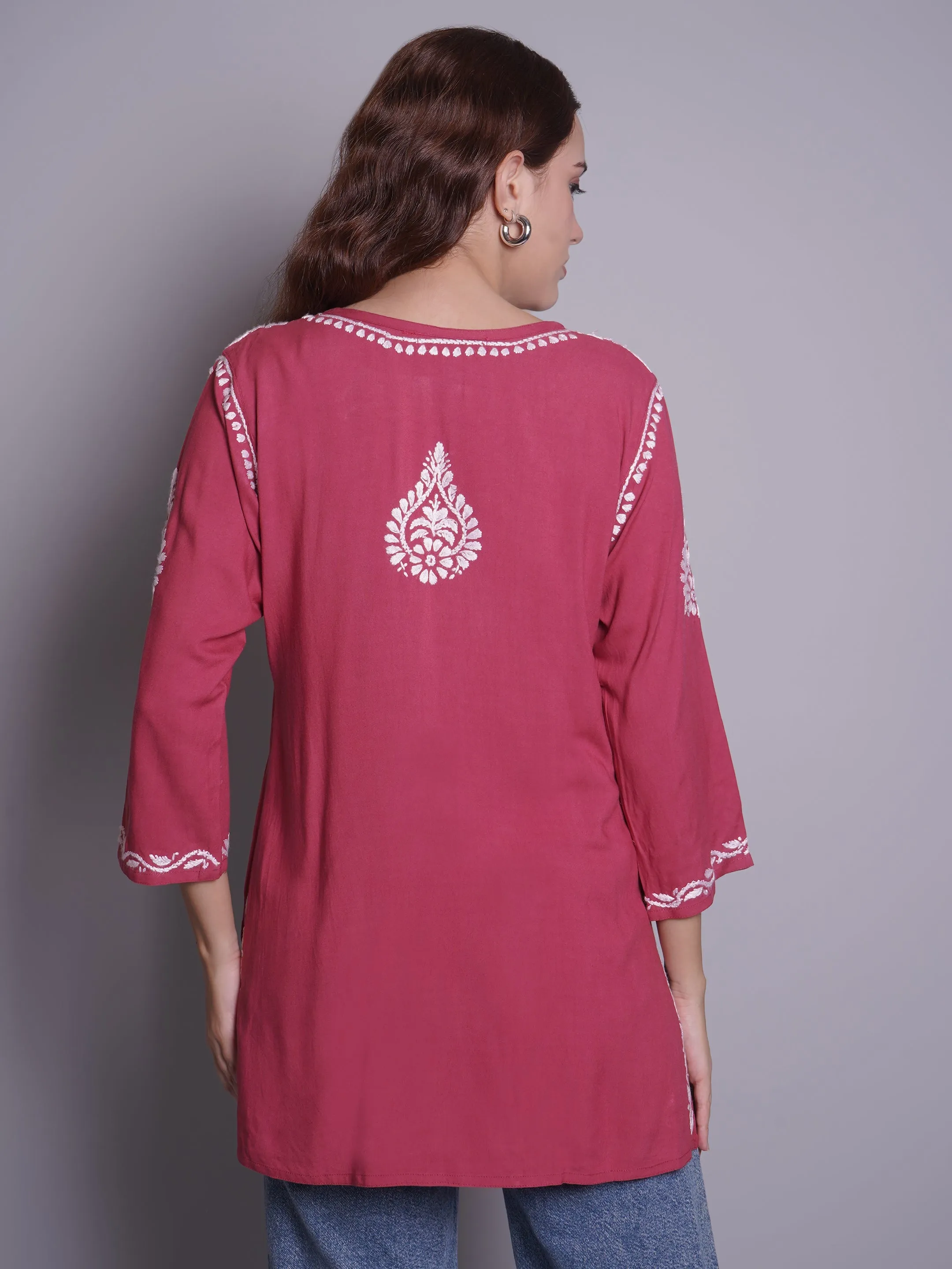 Dusty Red Rayon Embroidered Chikankari Short Tunic